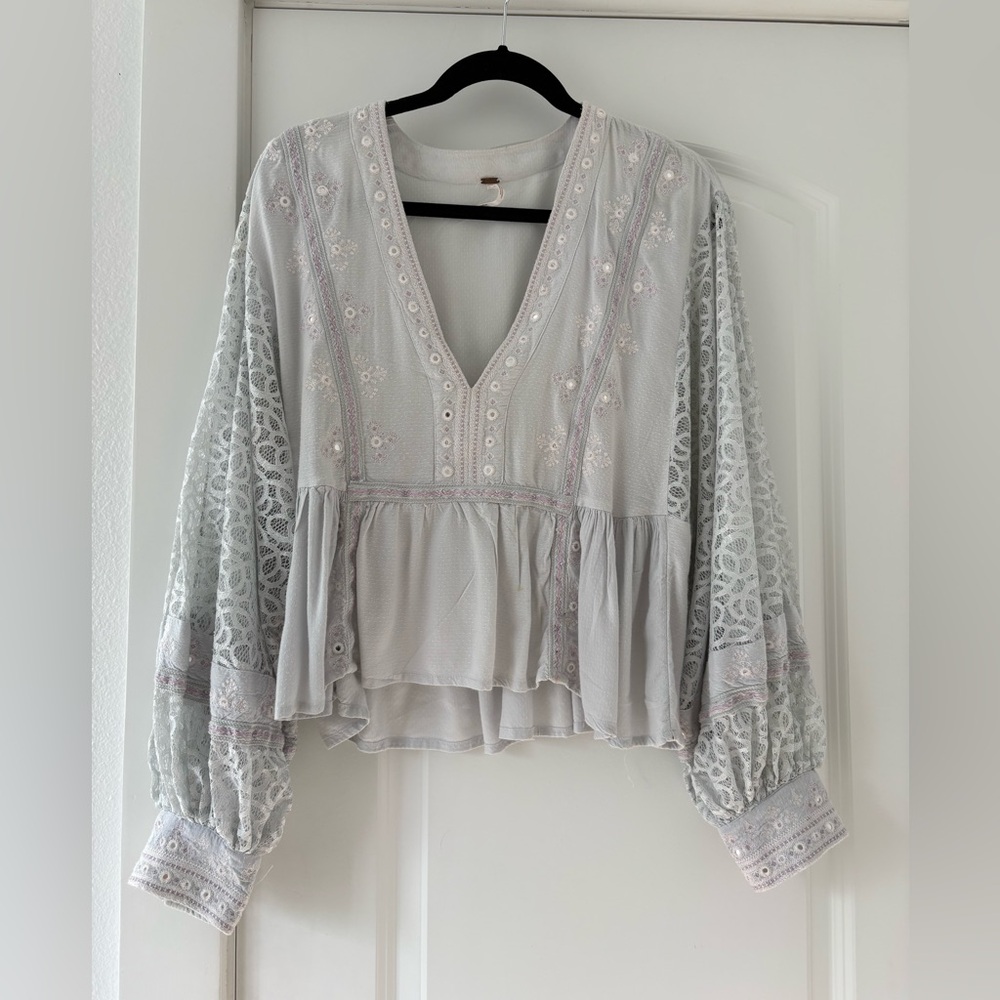 Free People Light Gray Lace Blouse
